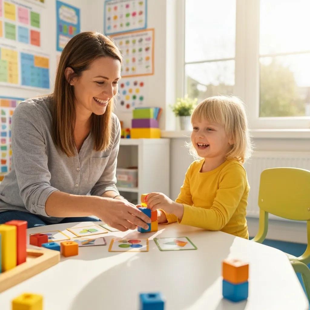 Child receiving ABA therapy with a therapist in a colorful, supportive environment
