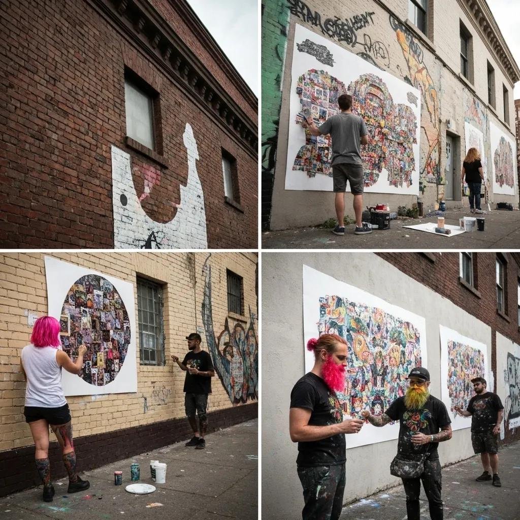 Artists crafting massive murals and installations, showcasing the boundless creative freedom of wild posting