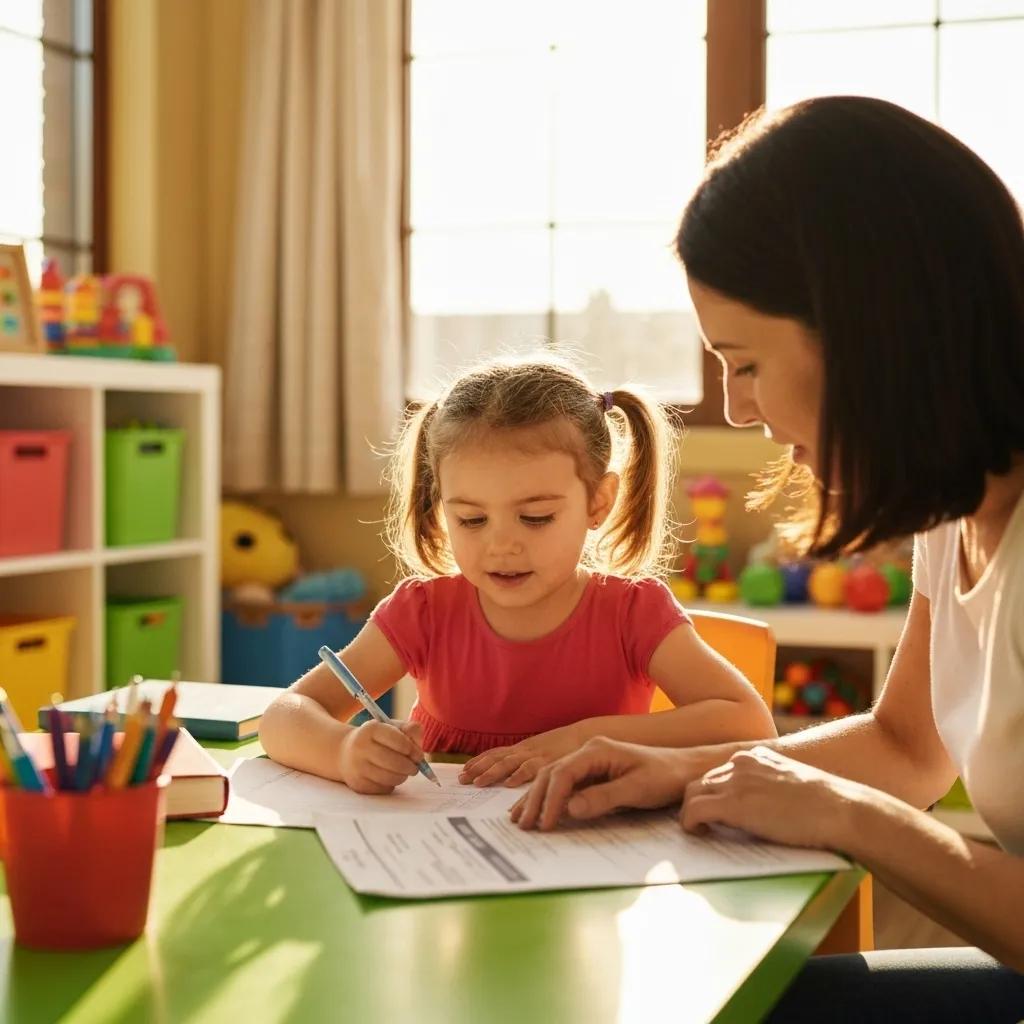 A parent and child working together on a questionnaire, illustrating the process of using the Vineland Adaptive Behavior Scales