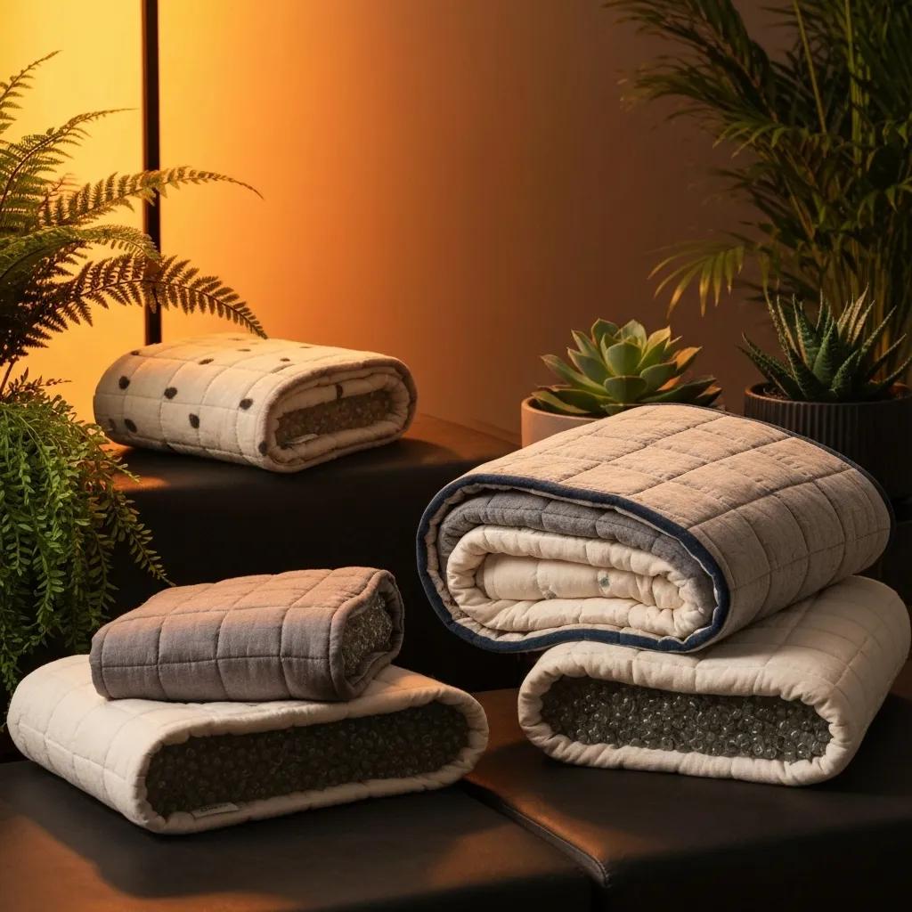 Eco-friendly materials for Adorearth™ weighted blankets, featuring organic cotton and recycled glass beads in a natural setting