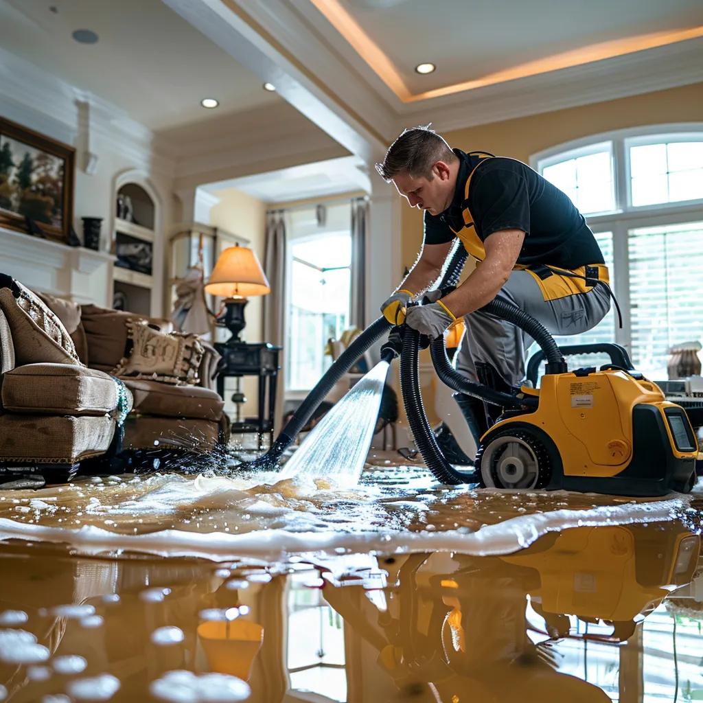 Technician performing emergency water damage restoration with high-power vacuums