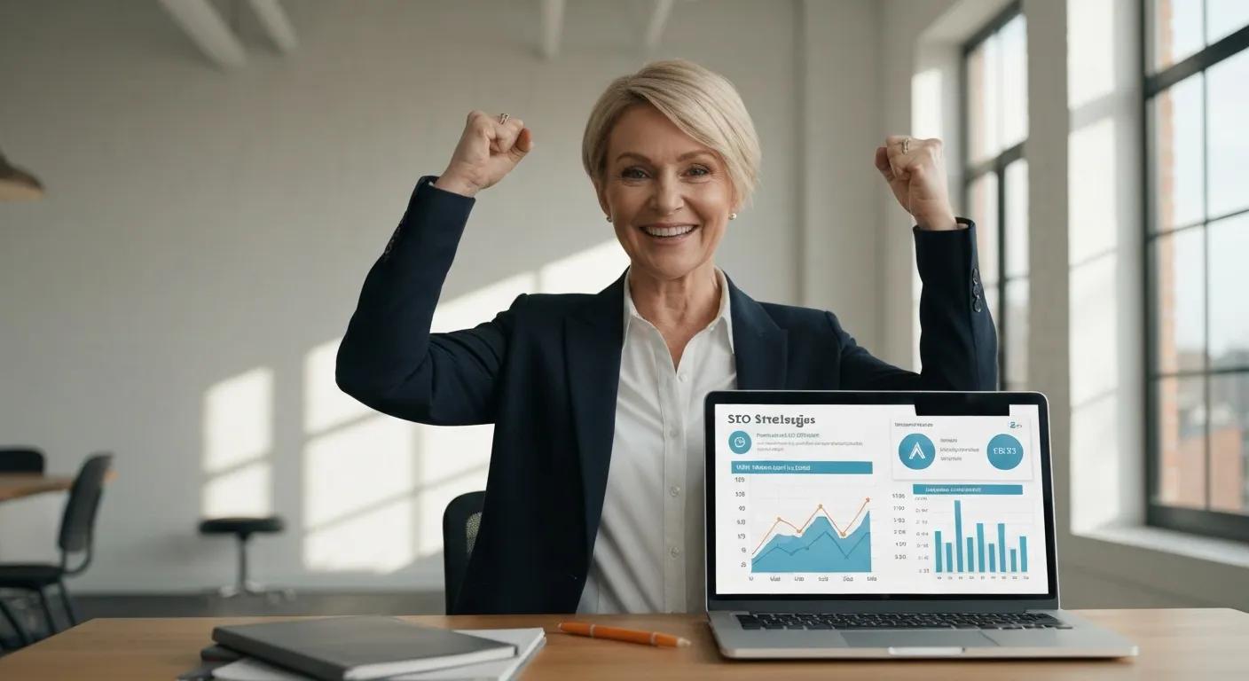 A small business owner celebrating success, showcasing the positive impact of SEO strategies on business growth