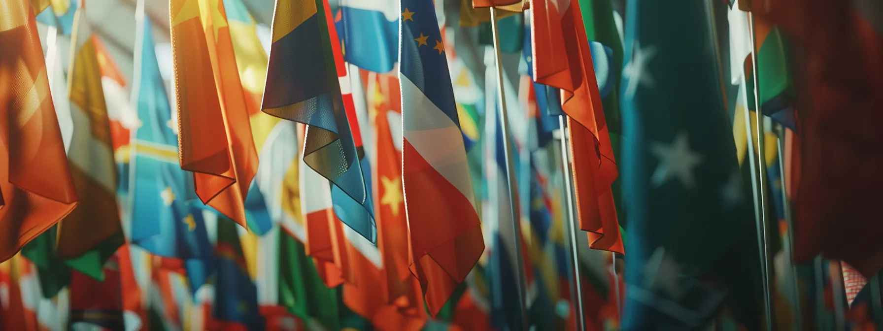 a diverse array of flags representing different languages and markets, strategically arranged in a global web design planning session.