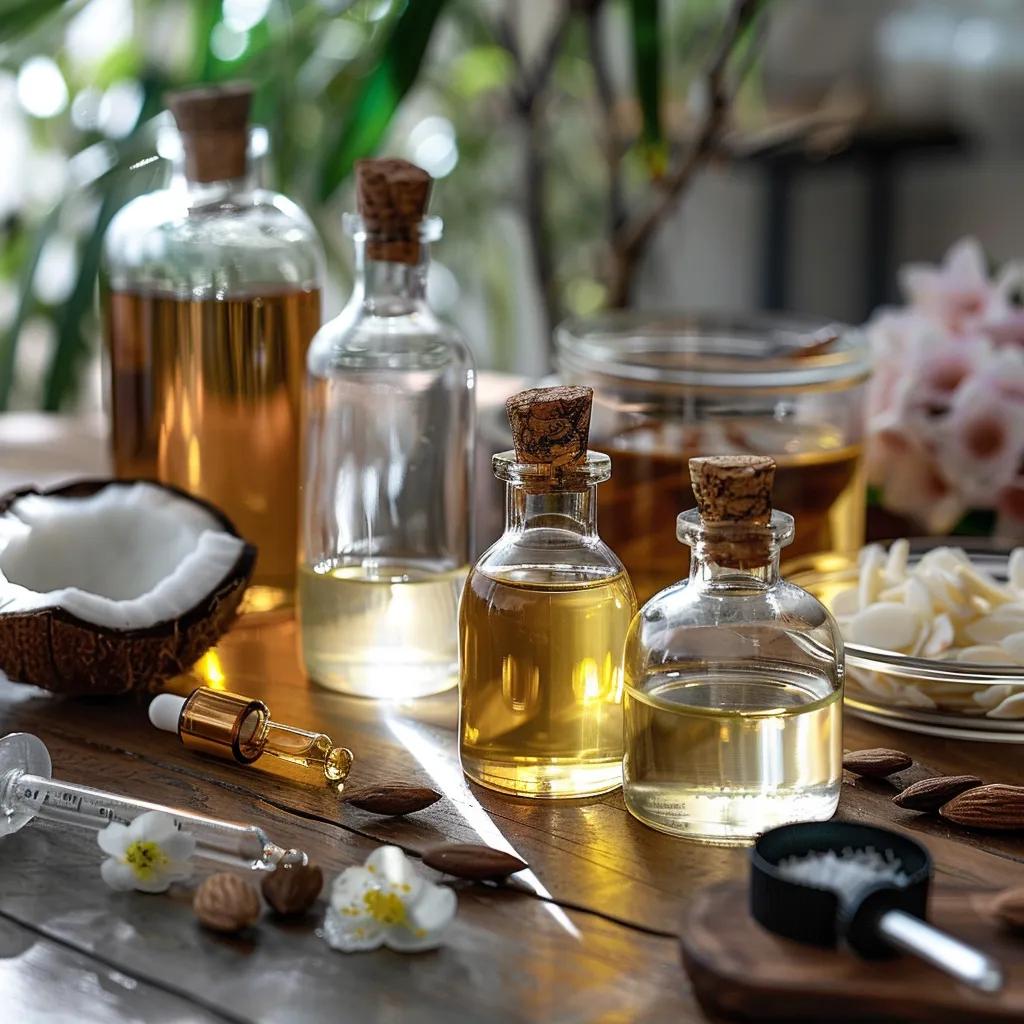 Selection of carrier oils in glass bottles with measuring tools, highlighting safe dilution practices for essential oils
