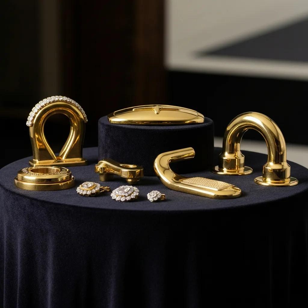 Elegant display of luxury items including fine jewellery, classic car emblem, yacht hardware, and architectural fittings, all suitable for gold plating