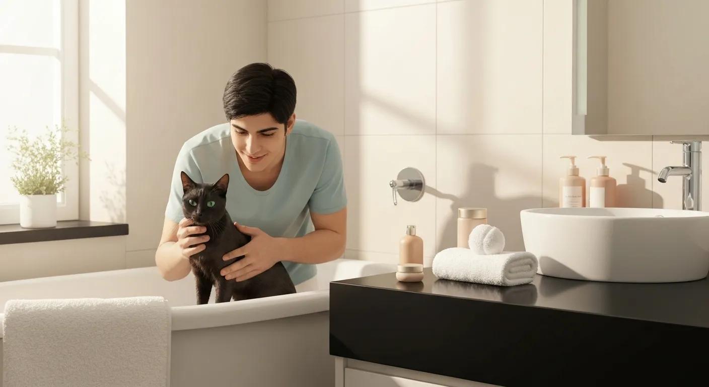 Cat being bathed gently with hypoallergenic shampoo in a serene bathroom setting