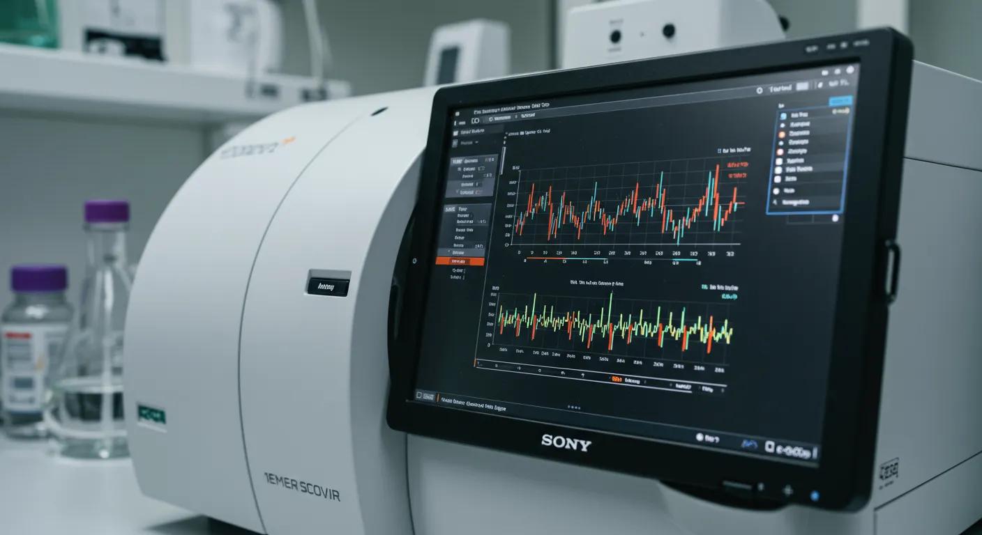 a close-up view of a sterile medical laboratory featuring advanced blood analysis equipment, with an illuminated screen displaying colorful graphs and data related to mcv measurements, emphasizing the precision and importance of blood test procedures.