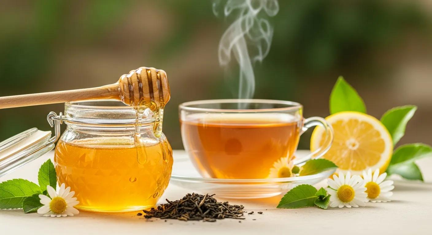 Cup of tea and jar of raw honey — simple, natural ingredients for glowing skin