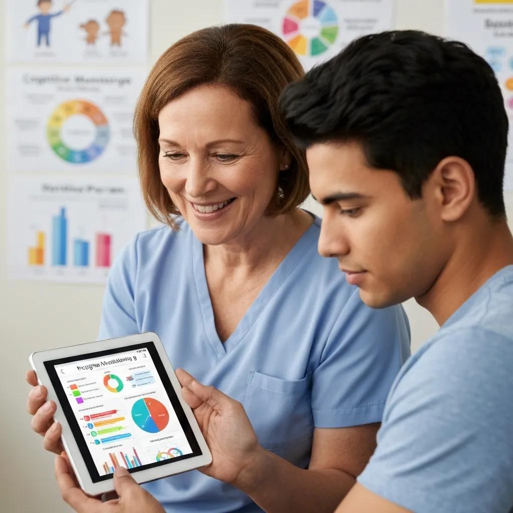 A therapist and parent reviewing data-driven progress charts together in a bright, welcoming therapy room