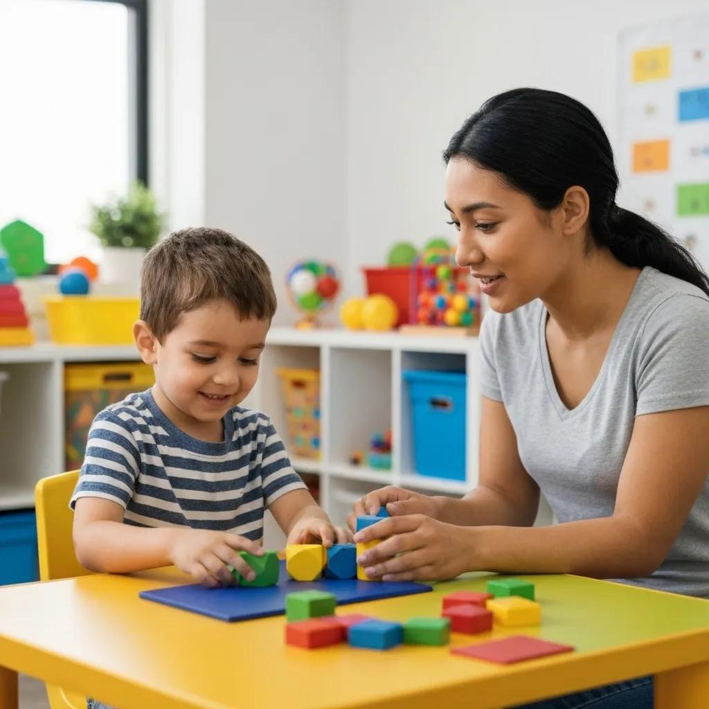 A therapist is shown working with a child on Discrete Trial Training, using colorful building blocks to teach concepts.