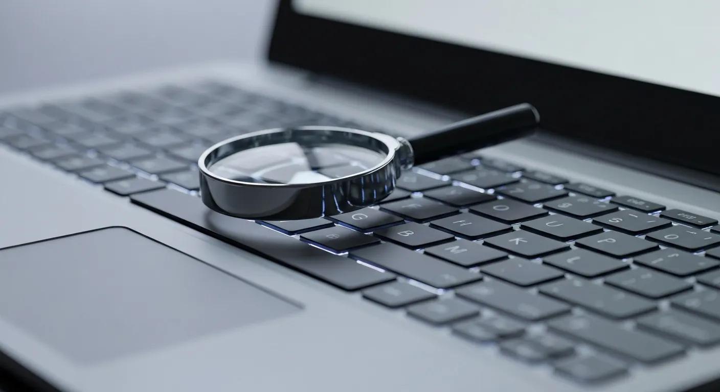 A close-up of a laptop keyboard with a magnifying glass hovering over it, symbolizing search and analysis.
