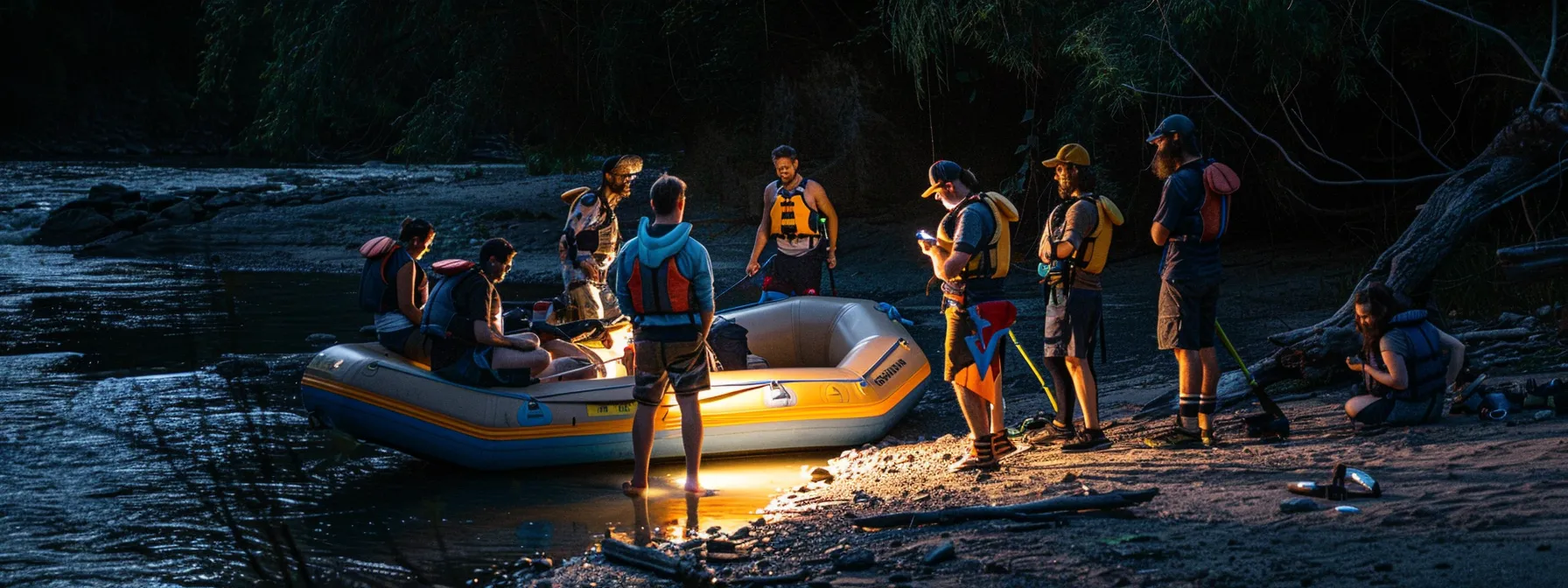 rafters standing around, sharing stories and looking at photos after a river adventure.