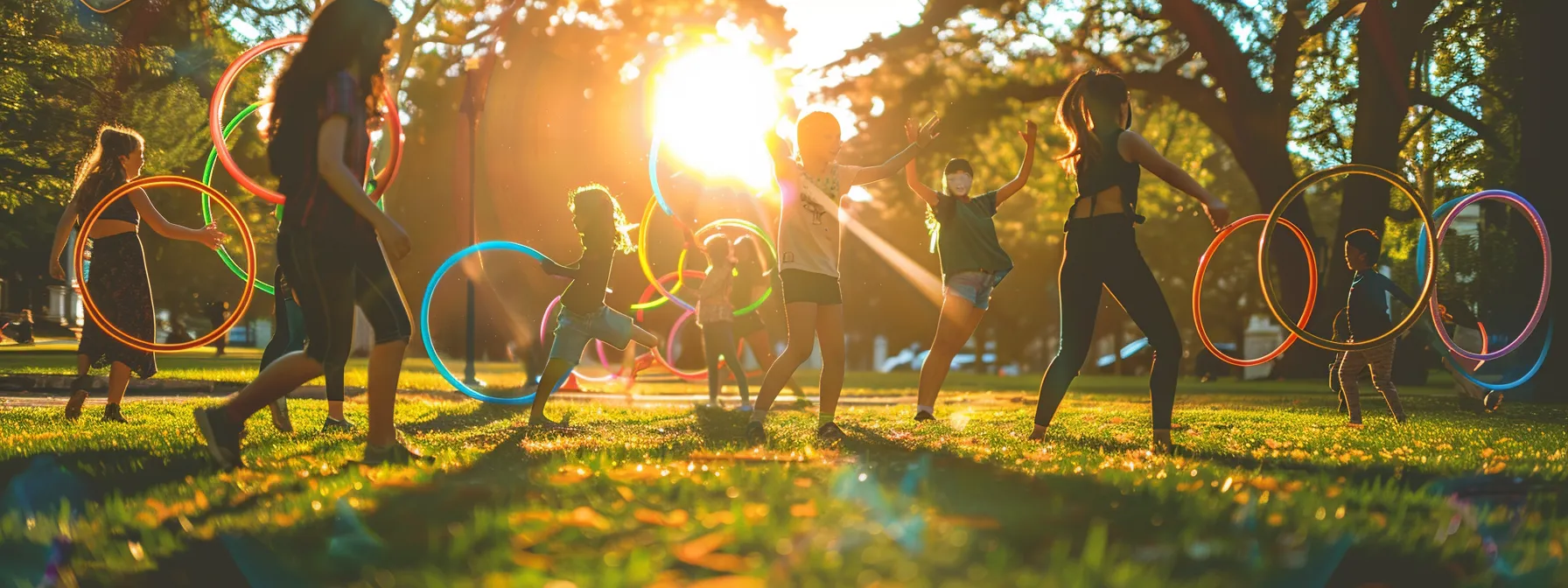 a group of individuals happily hula hooping in a park, surrounded by colorful hoops in motion.