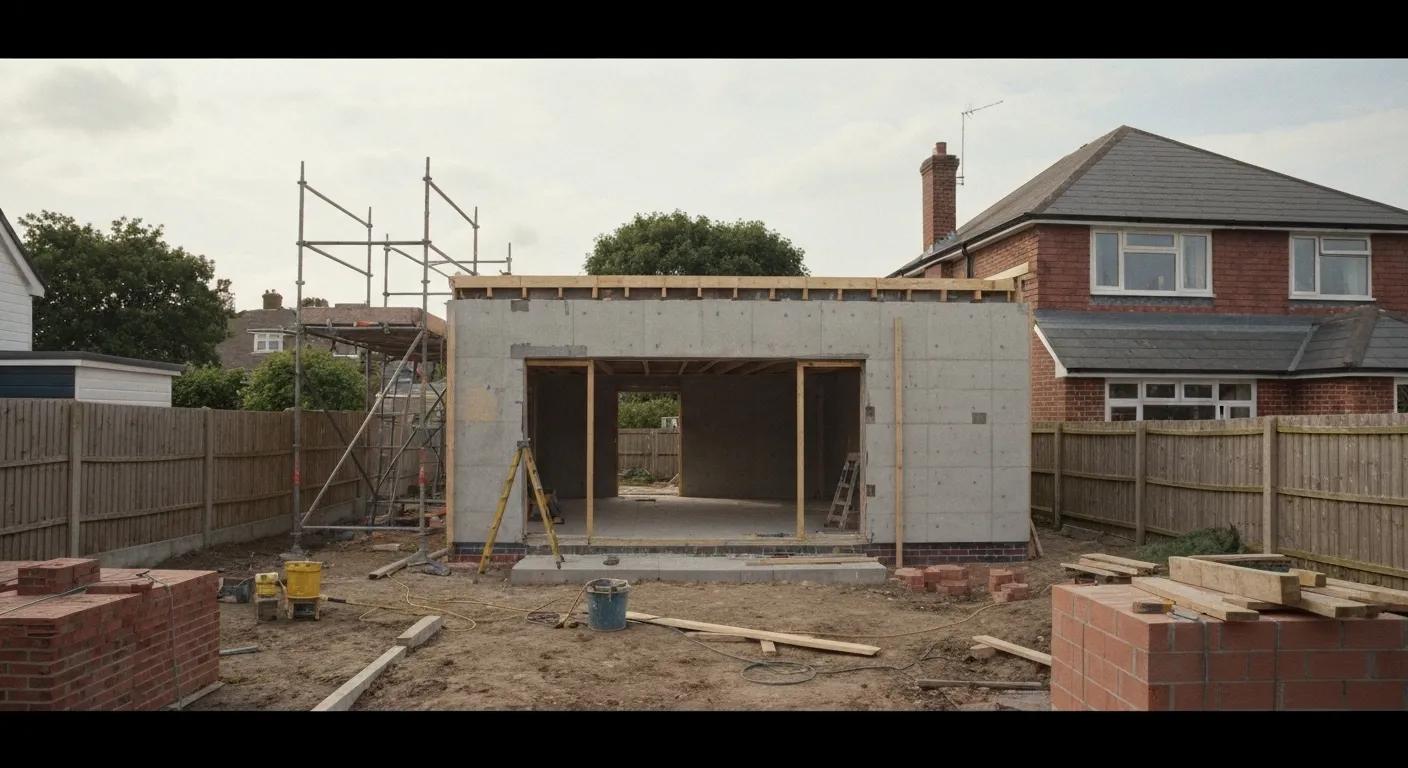 Single-storey house extension under construction in Harrow, illustrating building materials and labor