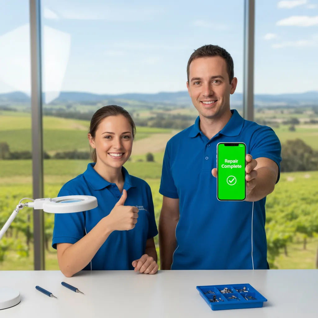 Technicians at Bizup Griffith celebrating successful iPhone repair, displaying phone with "Repair Complete" message against vineyard backdrop.