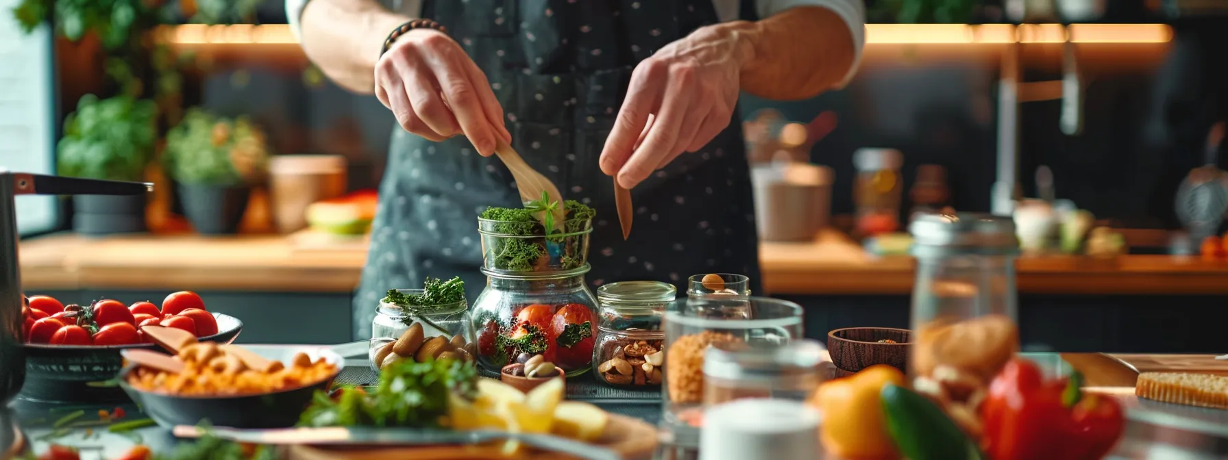 a person carefully measuring and balancing different types of food on a scale.