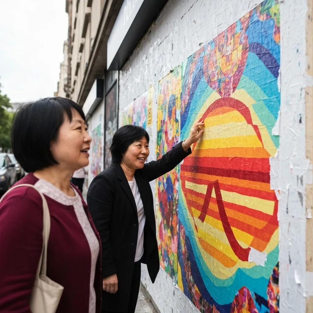 Wild guerrilla marketing campaign using wheatpasting and getting people involved in a city scene Two women interacting with vibrant street art, highlighting colorful murals on an urban wall, illustrating community engagement in guerrilla marketing strategies.