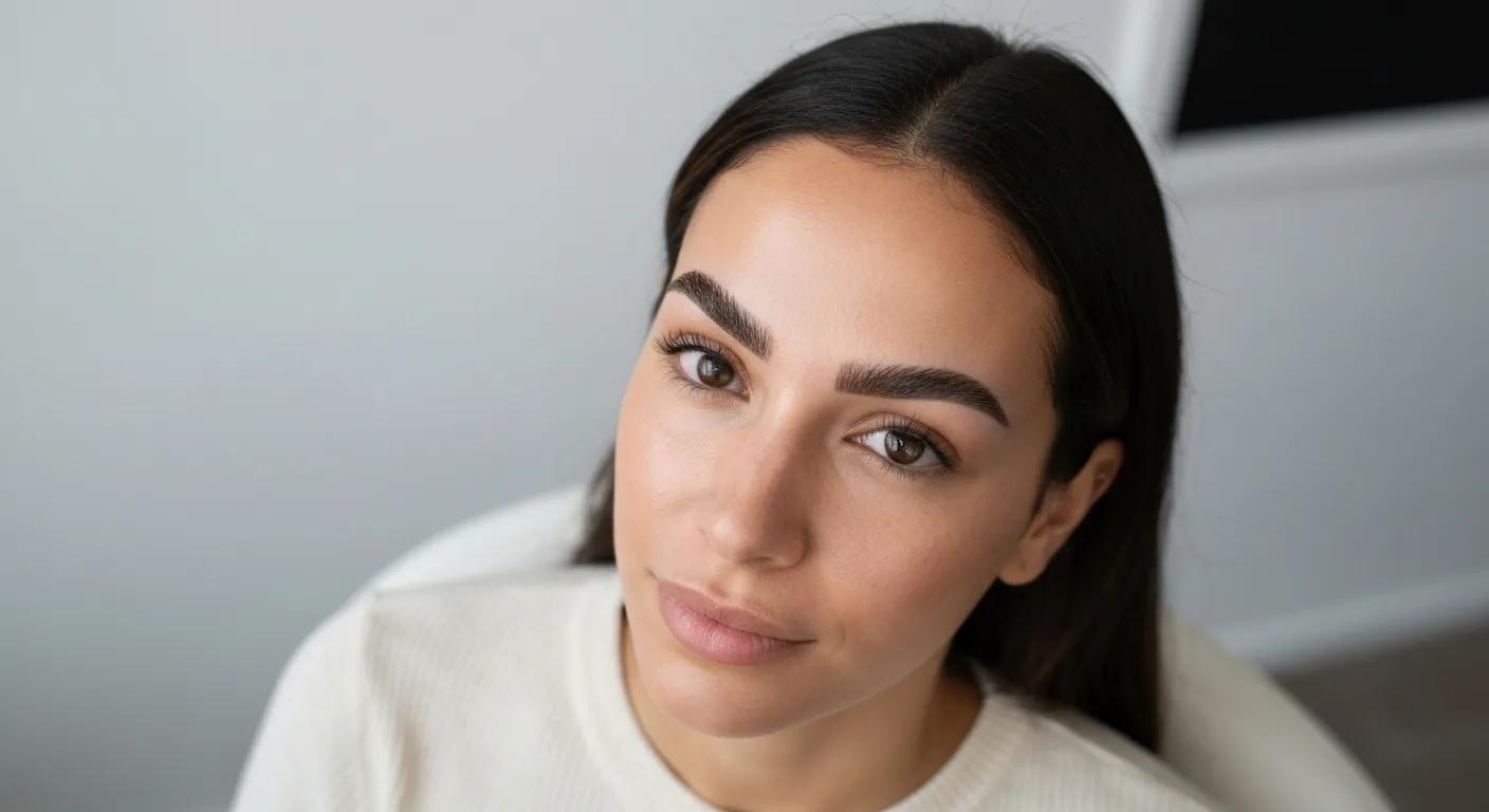 Client showcasing smooth eyebrows after threading, emphasizing natural beauty