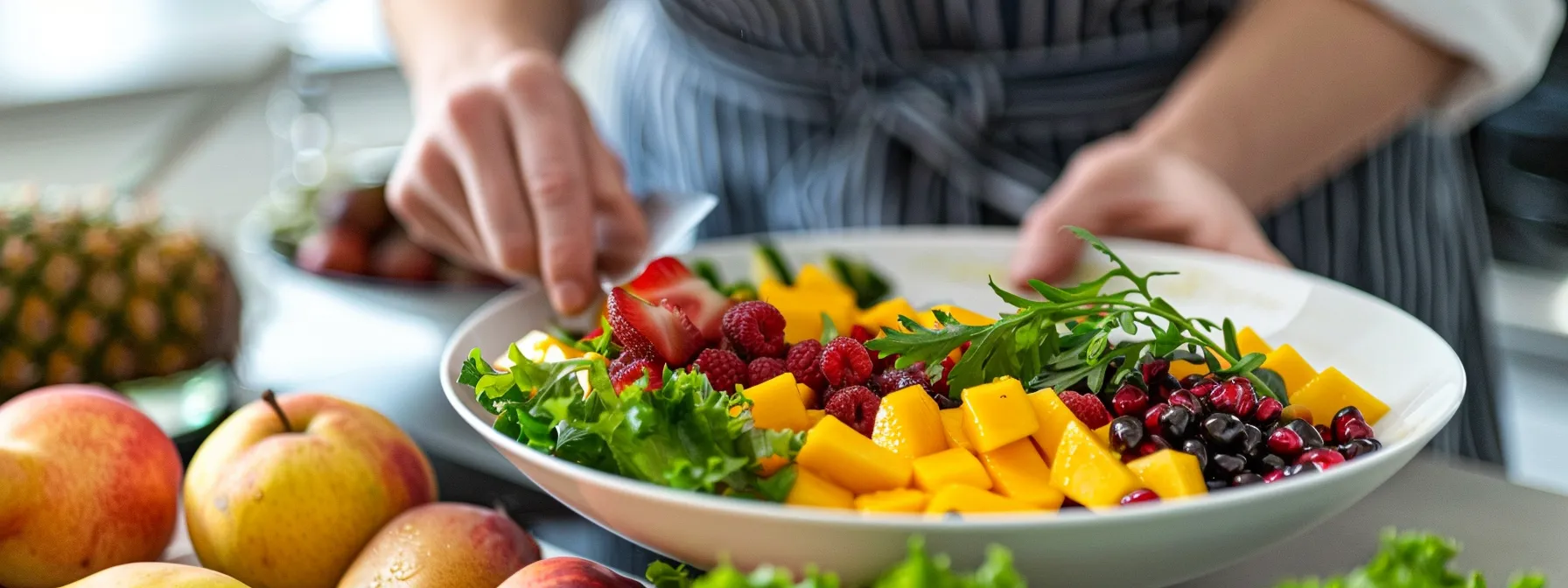 a person preparing a high-calorie meal with fruits like mango and pear, focusing on nutrient timing and supplements for muscle growth.