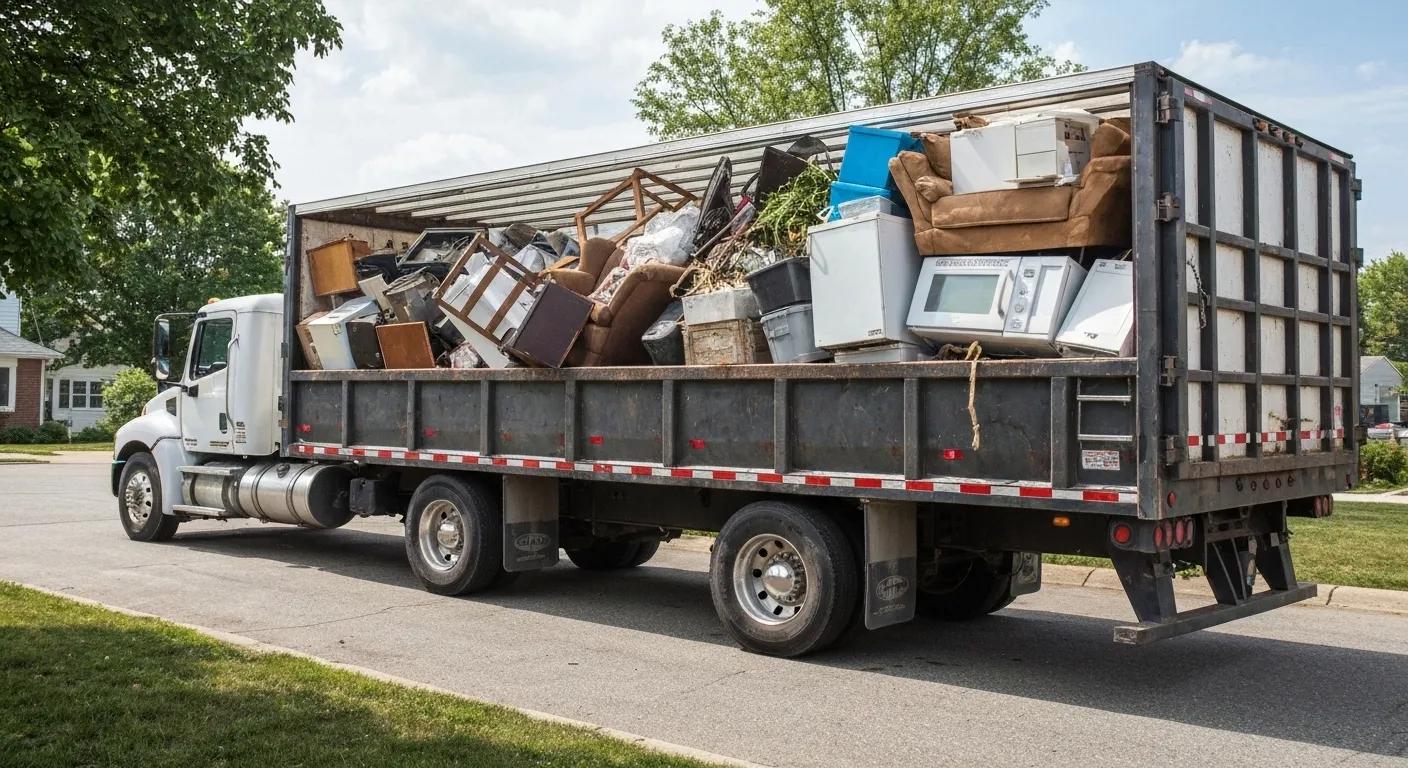 Large junk removal truck filled with diverse items in a residential area Large junk removal truck filled with diverse items in a residential area