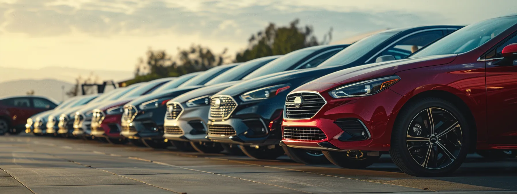 a diverse lineup of well-maintained, budget-friendly used cars lined up along a dealership lot, showcasing a variety of makes and models.