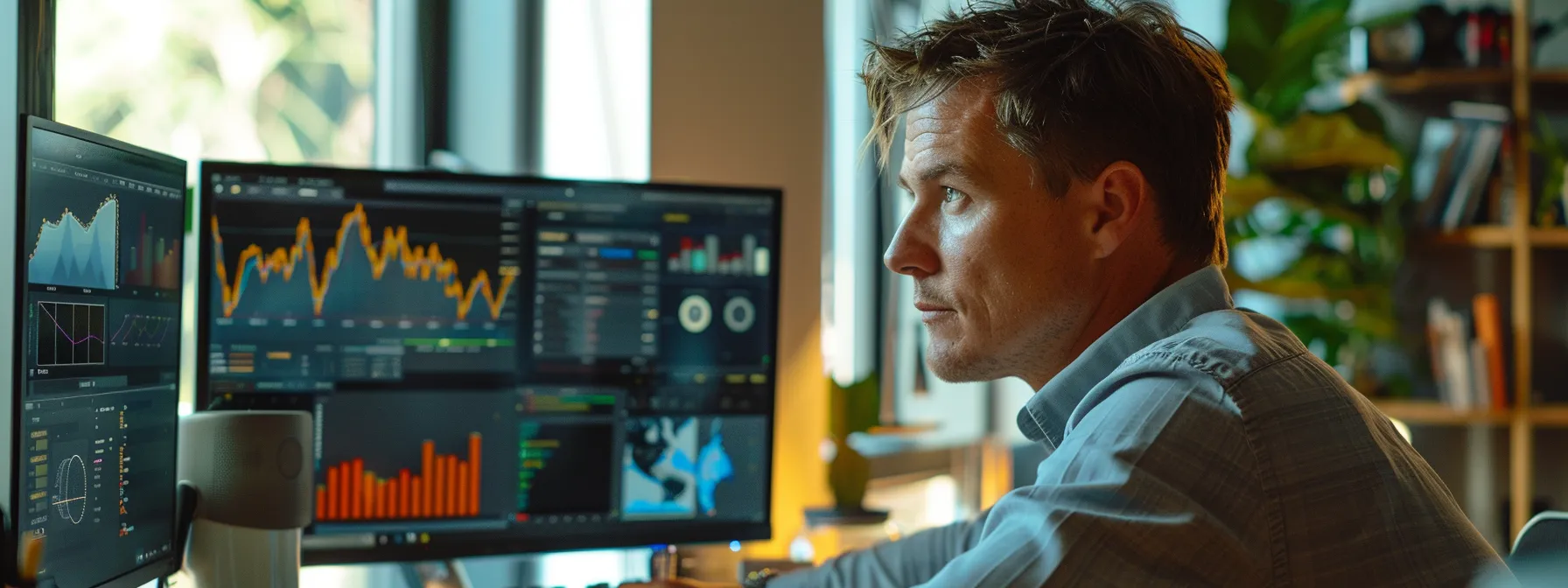 a successful bryson dechambeau examining multiple business charts on a computer screen in his upscale office.