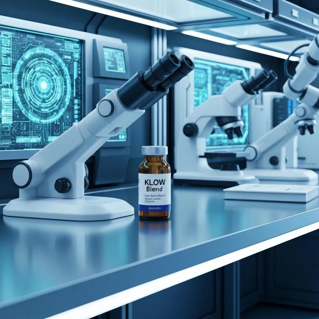 Klow Blend Peptide vial in a laboratory setting with scientific equipment