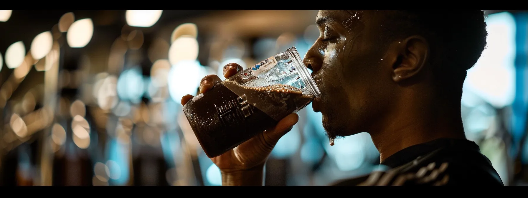 a person sipping on a chocolate-infused water drink while working out at the gym.