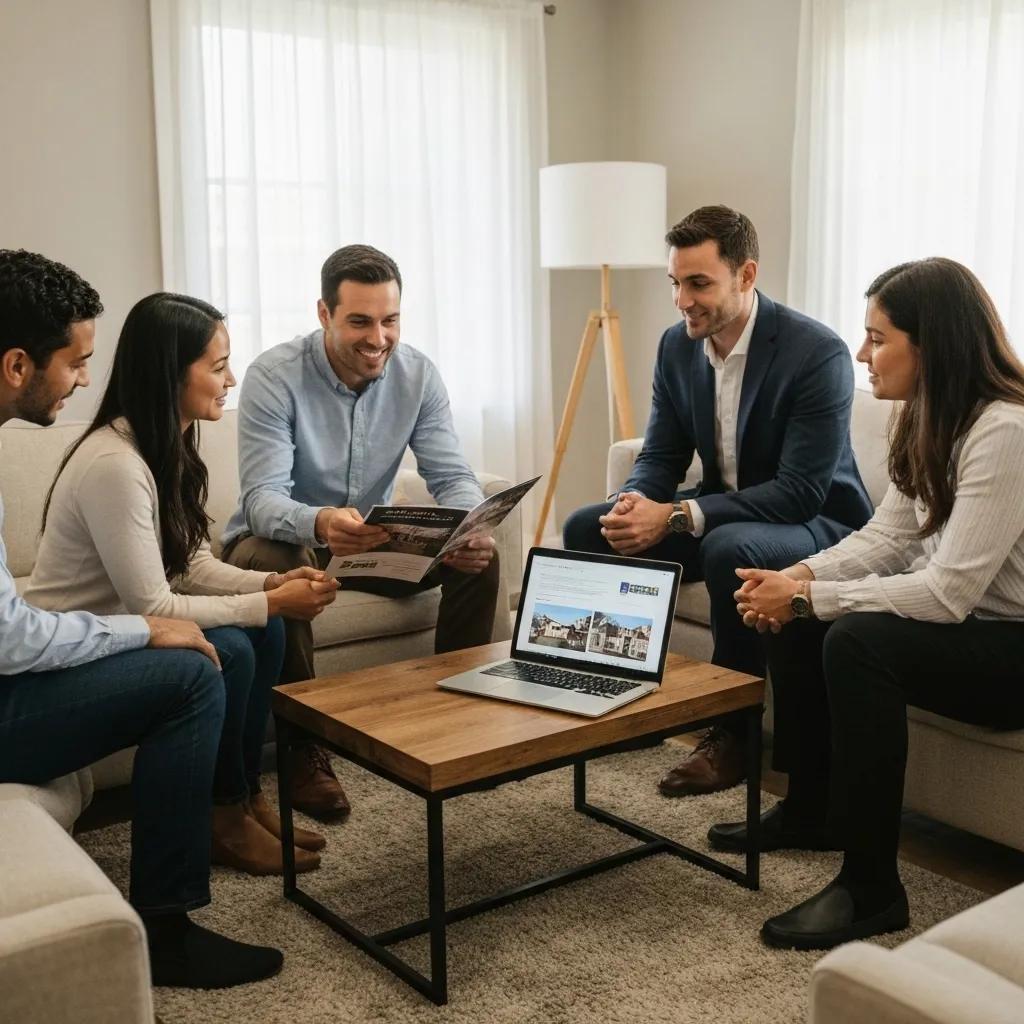 A group of people discussing property options in a comfortable living room with a real estate professional