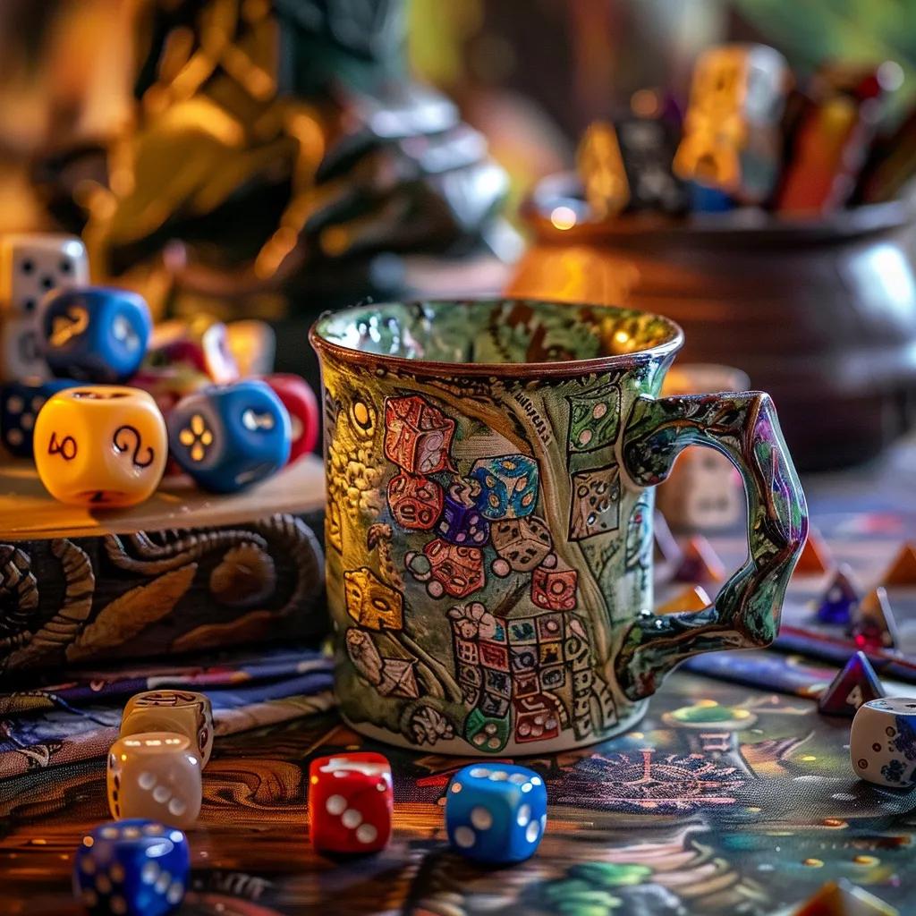 Colorful dice tower mug on a tabletop with dice, enhancing tabletop RPG gaming experience