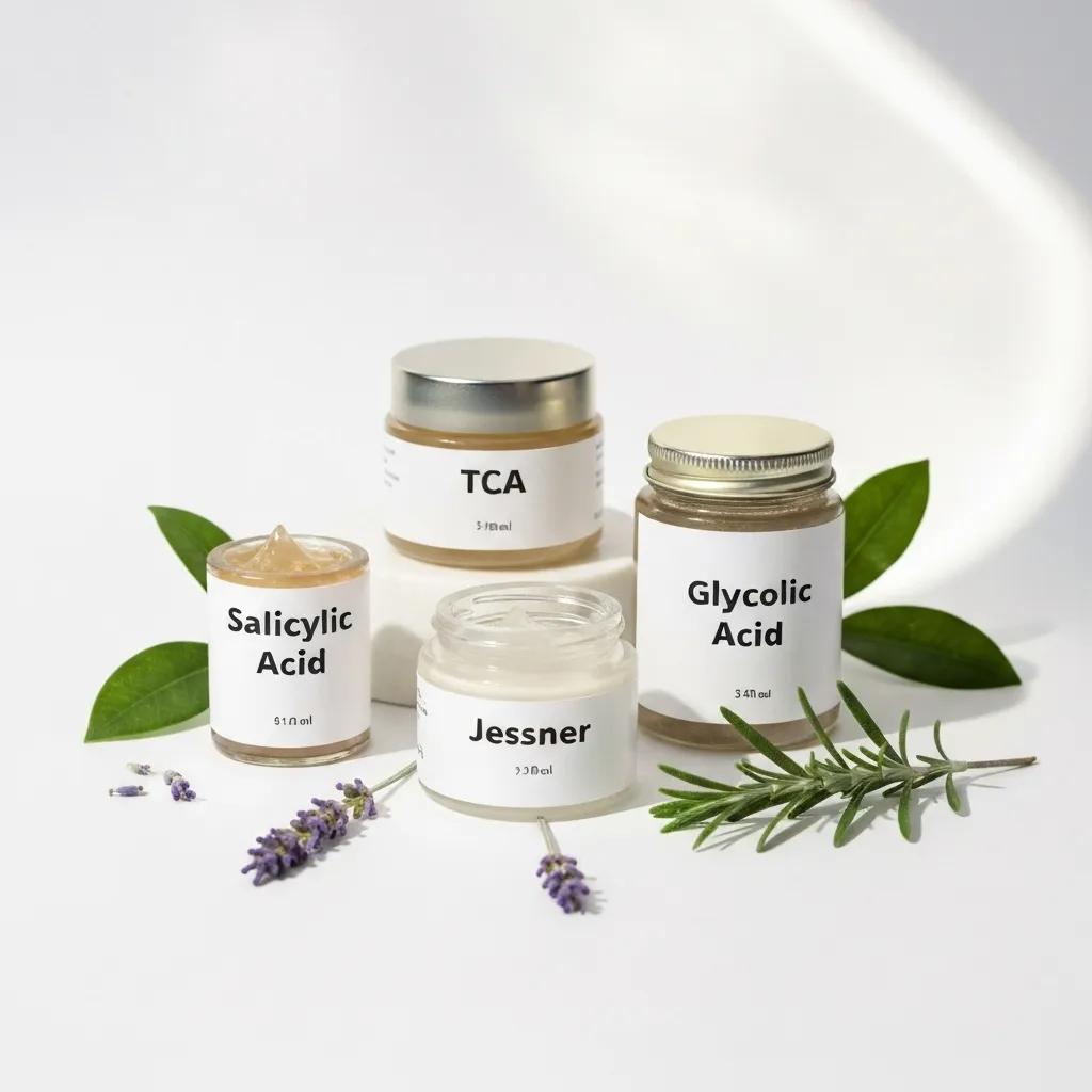 A curated selection of chemical peel solutions in elegant jars, including Salicylic Acid, TCA, Jessner, and Glycolic Acid