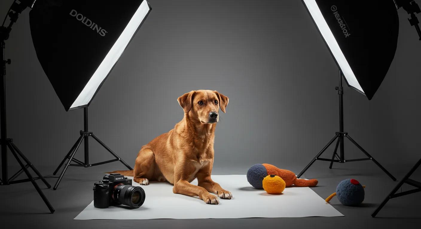 a professional photographer captures a calm and focused dog in a sleek, modern indoor studio, surrounded by soft lighting and an array of engaging props designed to keep the pet relaxed and attentive during the photoshoot.