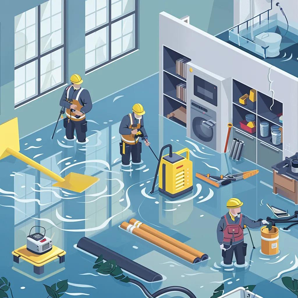 Professional restoration team addressing water damage in a flooded area with extraction equipment