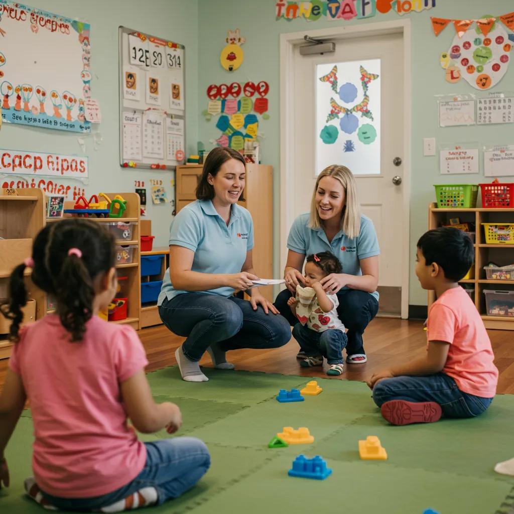 Daycare staff leading children through a safety drill, demonstrating preparedness in a child-friendly manner Daycare staff leading children through a safety drill, demonstrating preparedness in a child-friendly manner