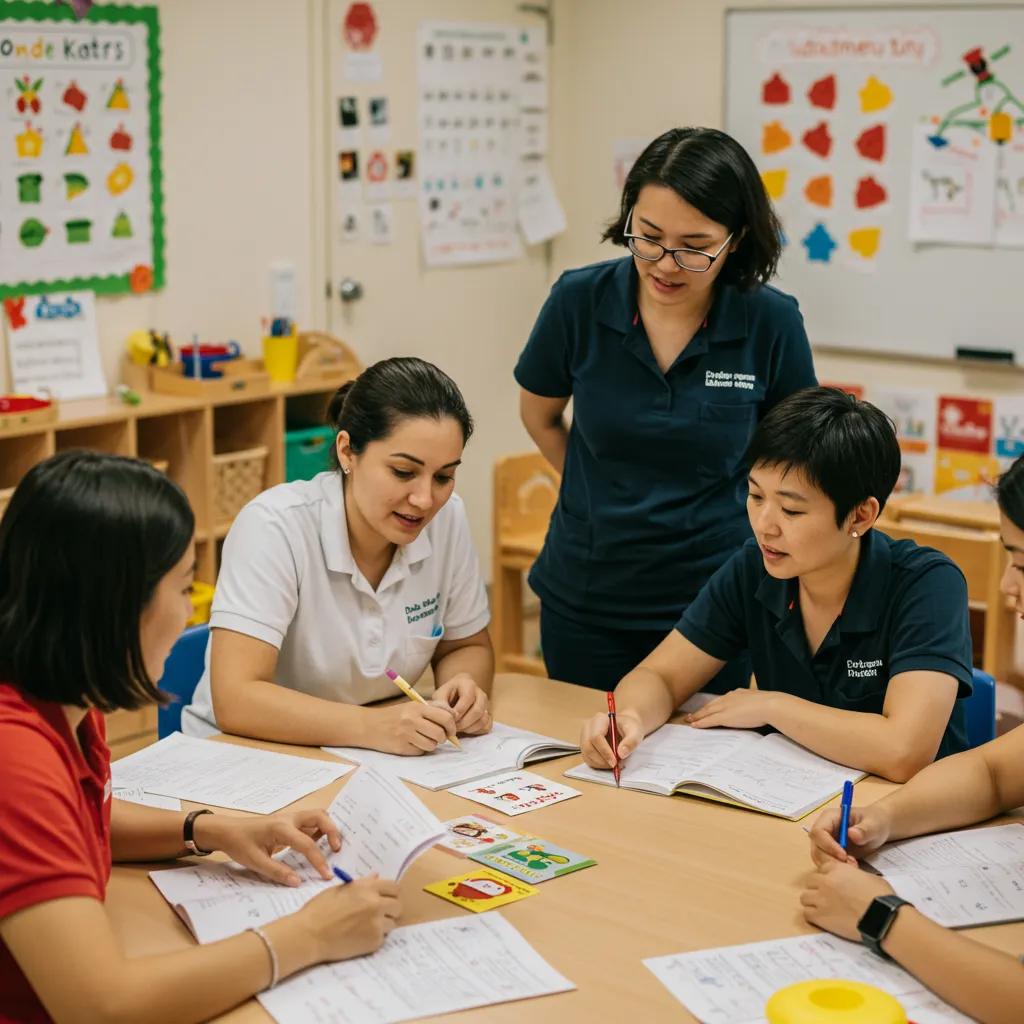 Daycare staff participating in a professional development session focused on early childhood education techniques Daycare staff participating in a professional development session focused on early childhood education techniques
