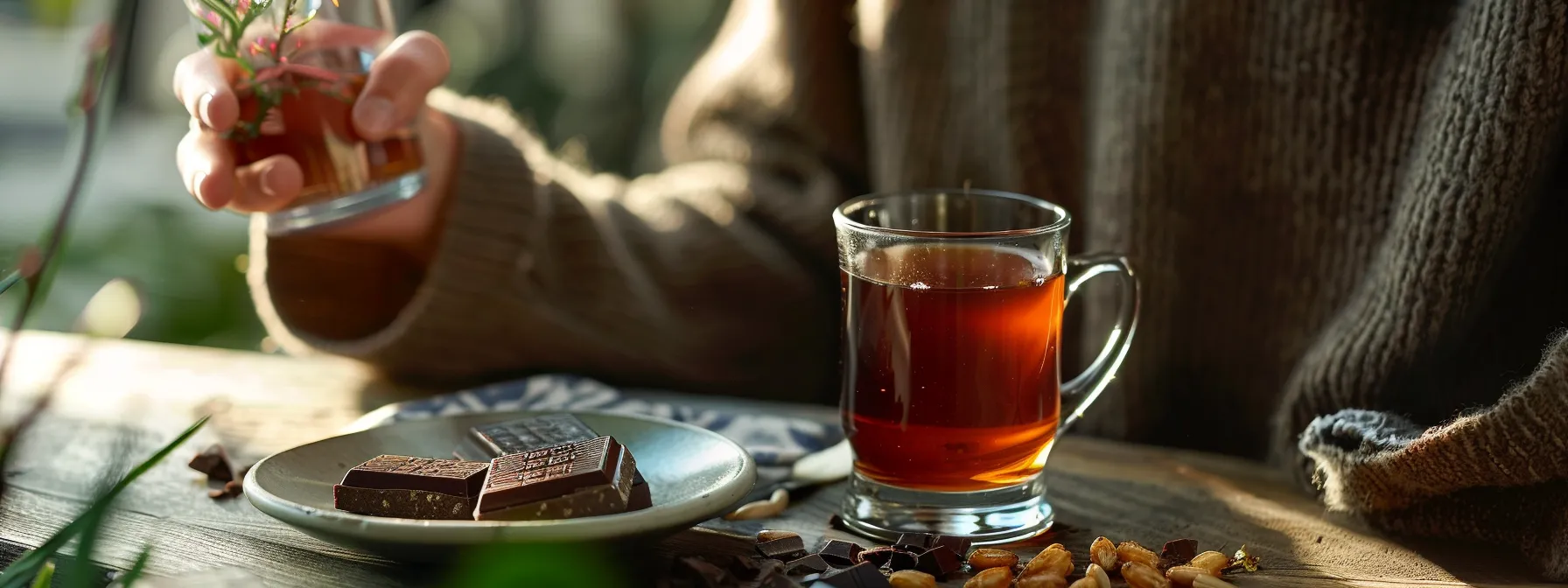 someone reaching for a glass of herbal tea next to a plate of whole grain food and a piece of dark chocolate.