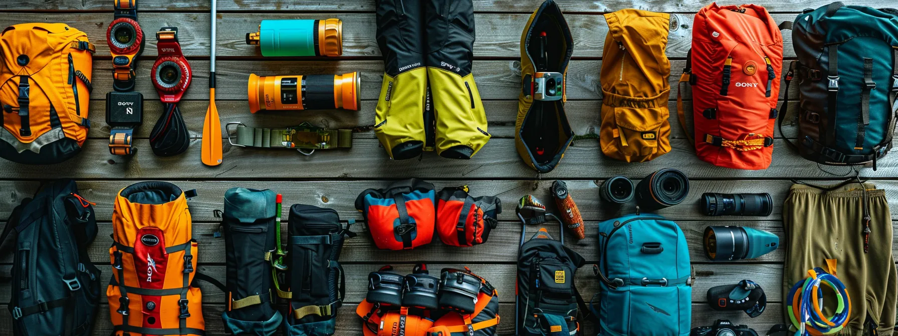 a colorful array of safety gear, personal equipment, and waterproof solutions neatly laid out in preparation for an ocoee river rafting adventure.