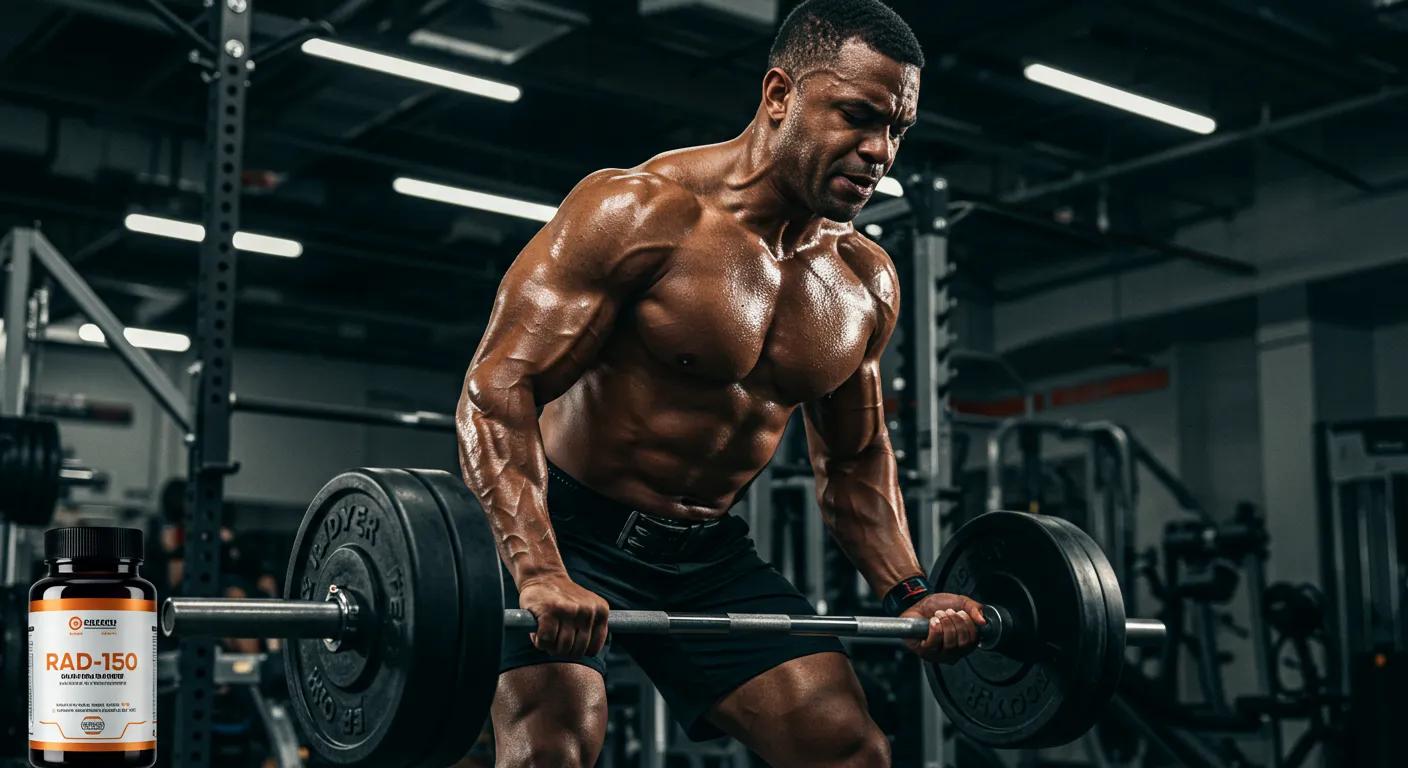 Athlete lifting weights in a gym, symbolizing muscle growth and performance enhancement with RAD-150