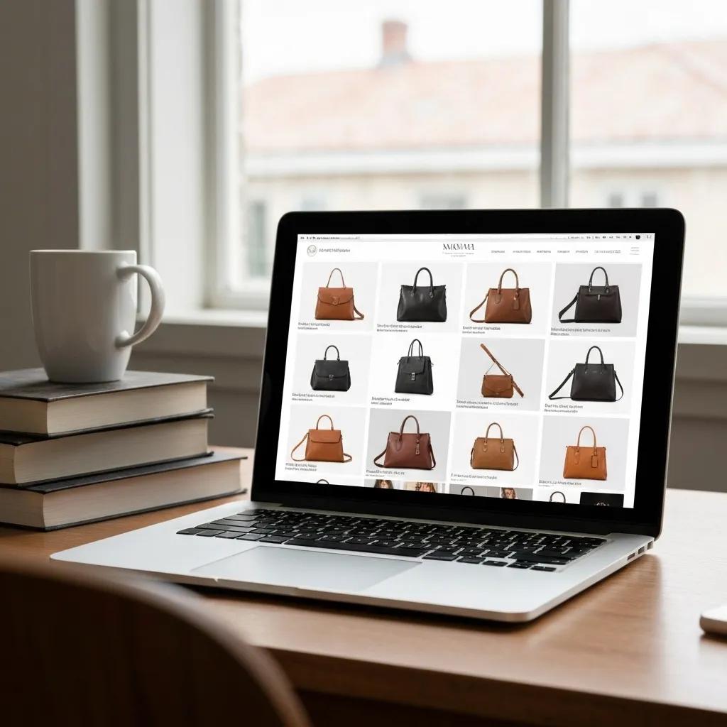 Collage of e-commerce websites showcasing leather handbags on a laptop in a cozy home office