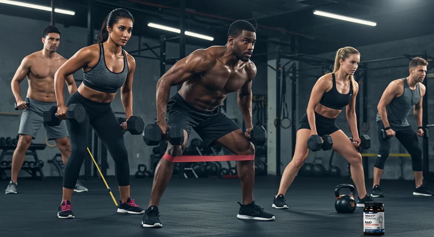 Diverse athletes training together, illustrating the muscle hypertrophy and bone health benefits of RAD-150