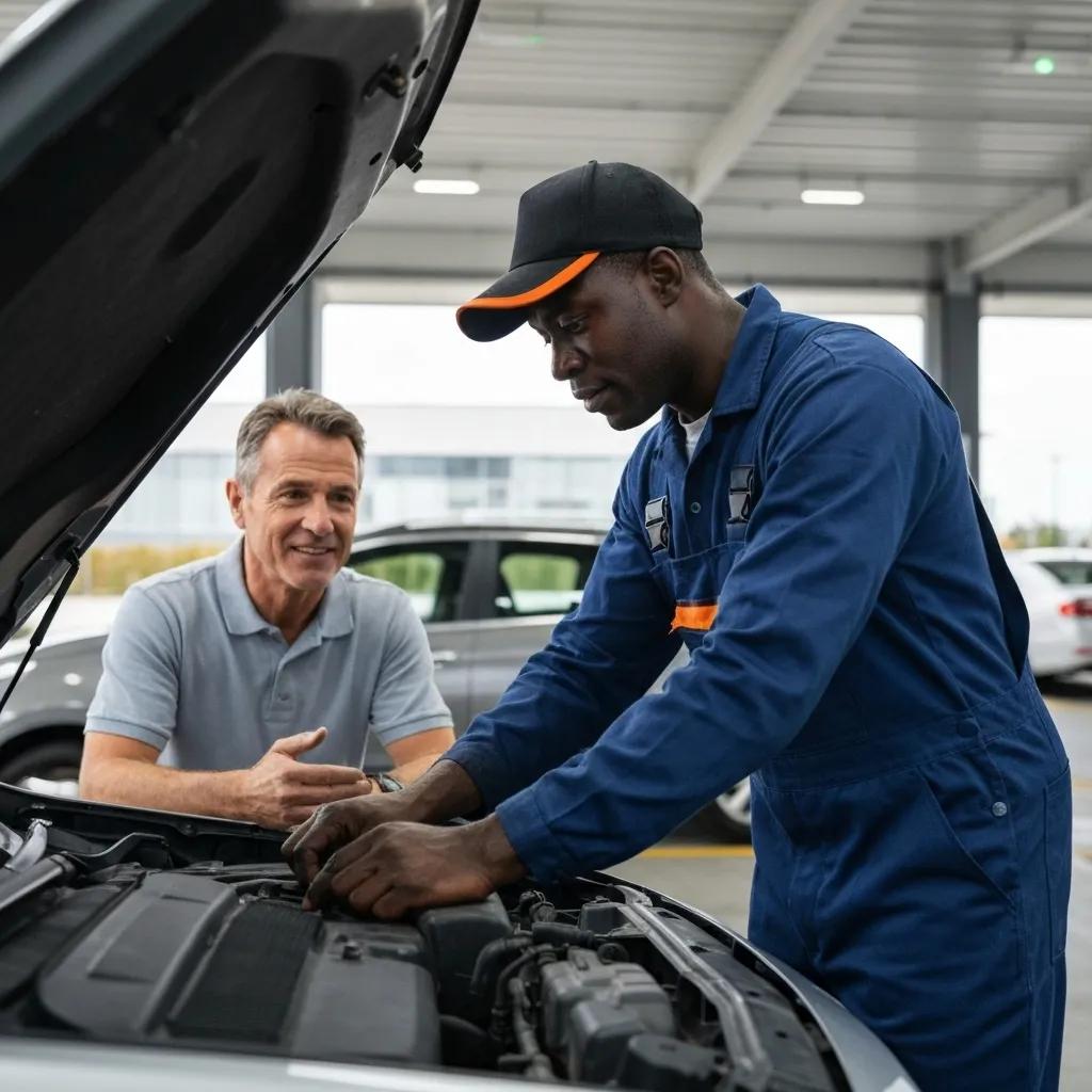 Mobile mechanic servicing a car at a business park, illustrating convenience and efficiency