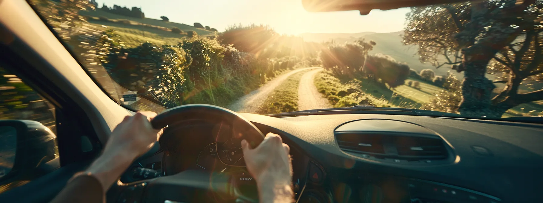 a person happily driving their well-maintained used hatchback through a scenic countryside road, with a sense of satisfaction and peace of mind radiating from the image.