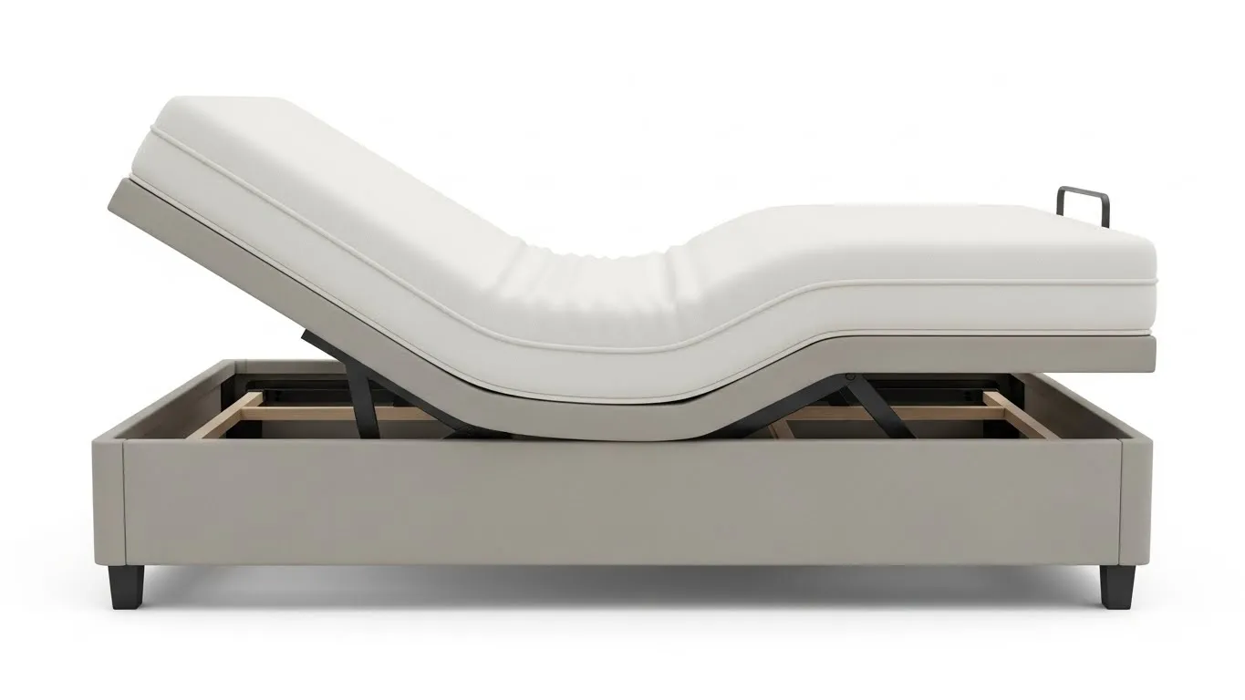 Adjustable bed base with motorized frame raised at the head for reading and comfort, showcasing modern design and support features for enhanced sleep quality.