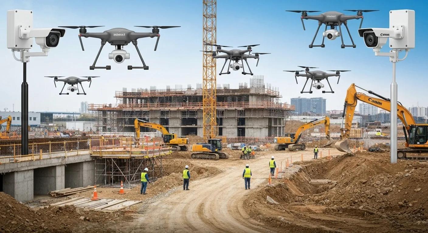 Advanced security technologies including AI cameras and drones on a construction site Advanced security technologies including AI cameras and drones on a construction site