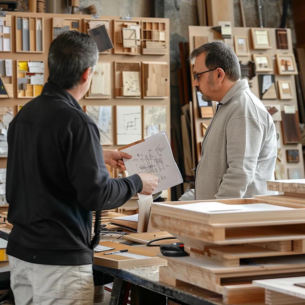 Designer consulting with a client on custom furniture design, showcasing sketches and wood samples in a workshop