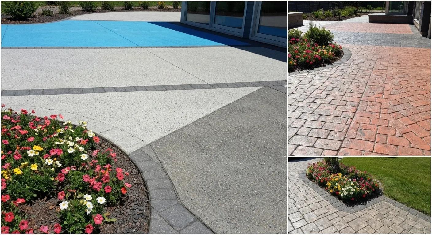 Variety of decorative concrete options including exposed aggregate, colored concrete, and stamped patterns in an outdoor setting