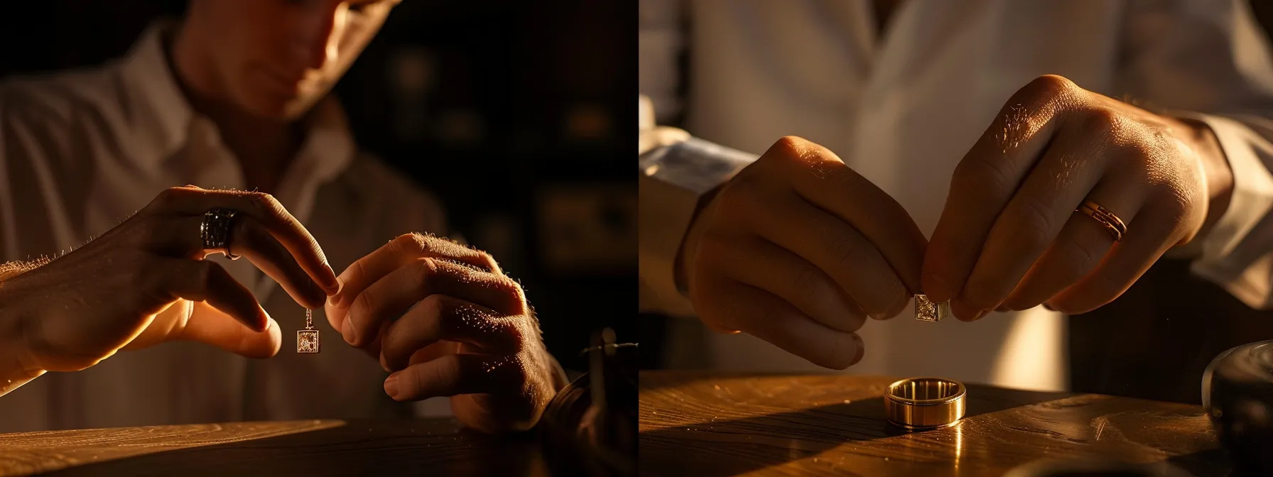 a man comparing a classic gold band to a modern ring with a sapphire accent.