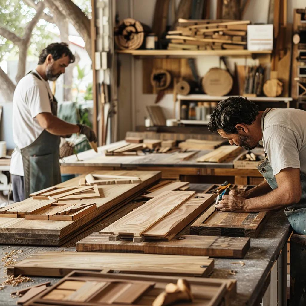 Artisans working with sustainable timber sources in a workshop, showcasing reclaimed and plantation wood