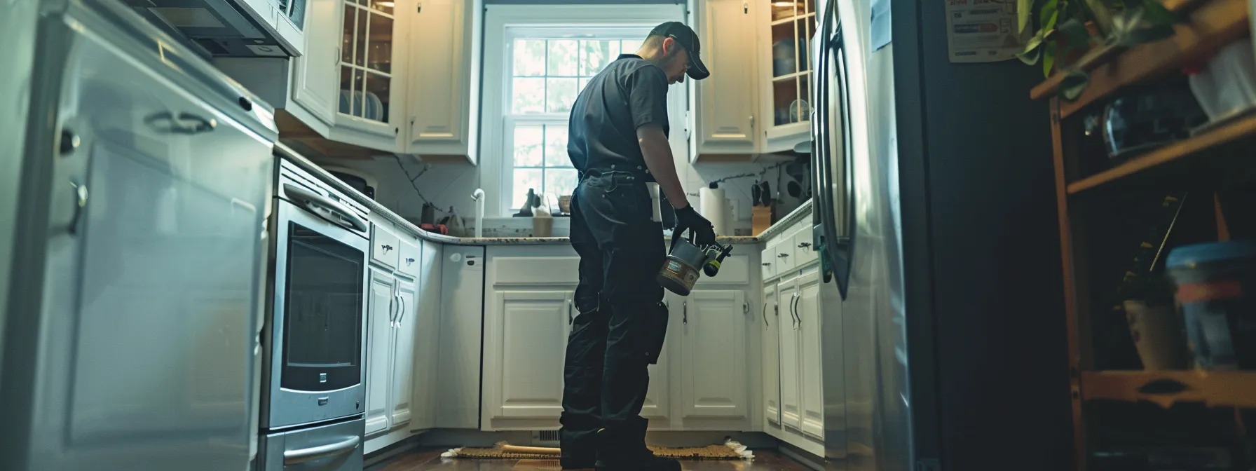 a technician carefully inspects a residential kitchen for pest infestations.