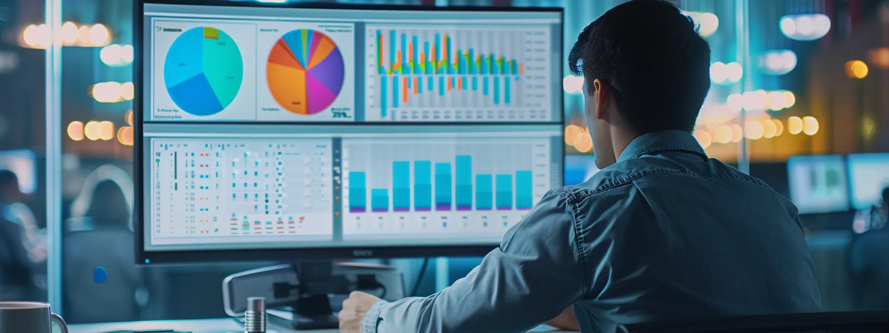 a person analyzing a colorful data dashboard on a computer screen in a modern office setting.